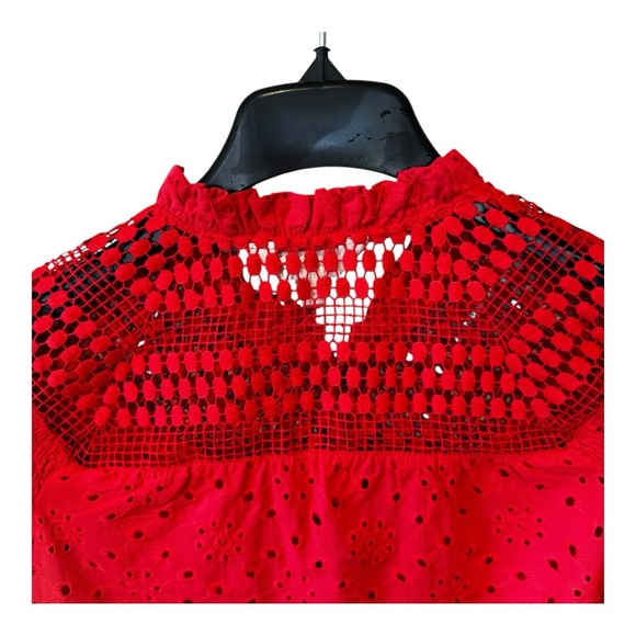 ADIVA Top Womens Medium Red Blouse Ruffle Crochet Puffy arms - Picture 6 of 8